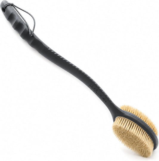 Avilana Long Handle Body Brush for Shower, 19 Inch Curved Back Scrubber with Soft & Stiff Bristles, Exfoliating Body Brush for Back, Legs & Feet, Non-Slip Silicone Handle, Replaceable Head System