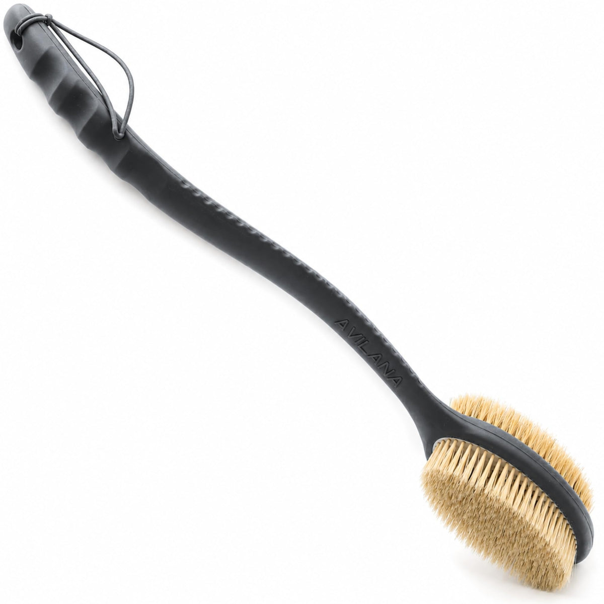 Avilana Long Handle Body Brush for Shower, 19 Inch Curved Back Scrubber with Soft & Stiff Bristles, Exfoliating Body Brush for Back, Legs & Feet, Non-Slip Silicone Handle, Replaceable Head System