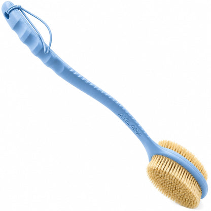 Avilana Long Handle Body Brush for Shower, 19 Inch Curved Back Scrubber with Soft & Stiff Bristles, Exfoliating Body Brush for Back, Legs & Feet, Non-Slip Silicone Handle, Replaceable Head System