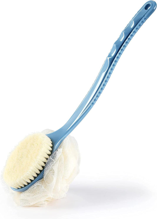 Shower Body Brush Bristles & Mesh Loofah Sponge,Curved Handle Back Scrubber