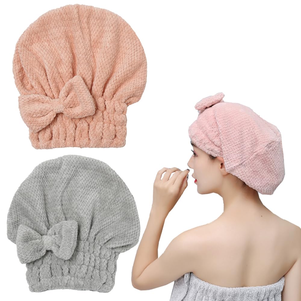 M-bestl Microfiber Hair Towel Wrap to Dry Short Hair Quickly (Pink&Gray)