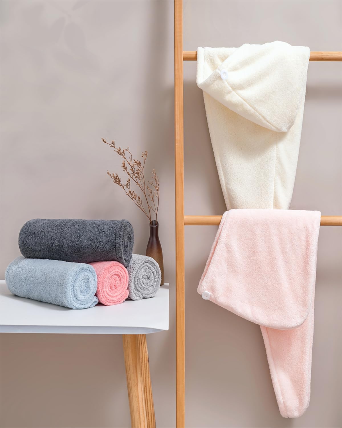 Lumimi Bath Pre Dry Hair Towel with Button, Red Grey, 2 Pack