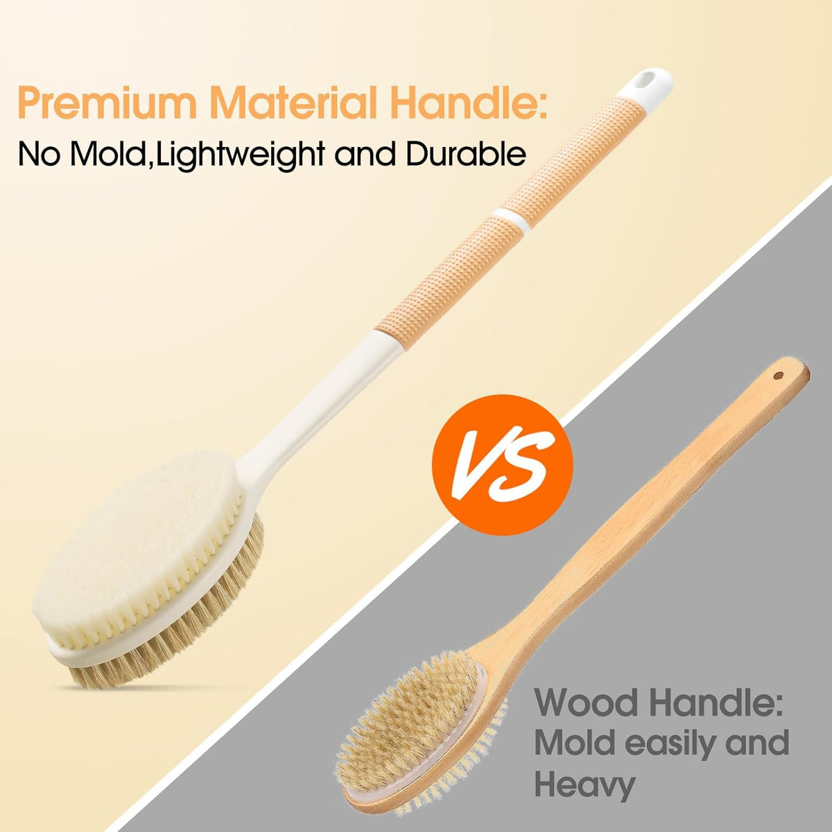 Backski Body Scrubber Anti Slip for Shower, Shower Brush Long Handle with Stiff and Soft Bristles, Body Wash Exfoliating Back Scrubber for Bath or Dry Brushing Body Brush(Orange)