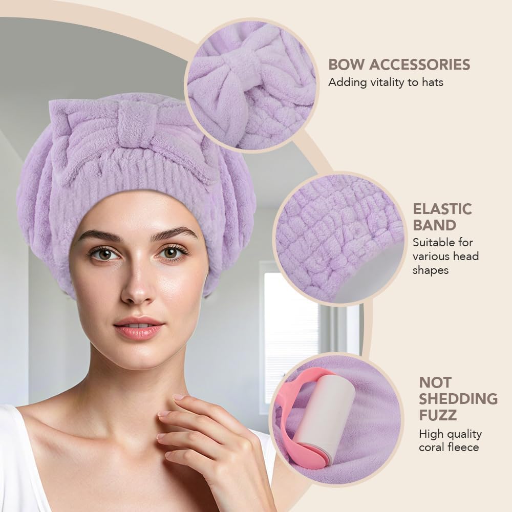 SUNLAND Large Microfiber Hair Drying Caps with Bow Knot 2 Pack Lightpurple