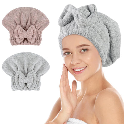 SUNLAND Large Microfiber Hair Drying Caps with Bow Knot 2 Pack Brown