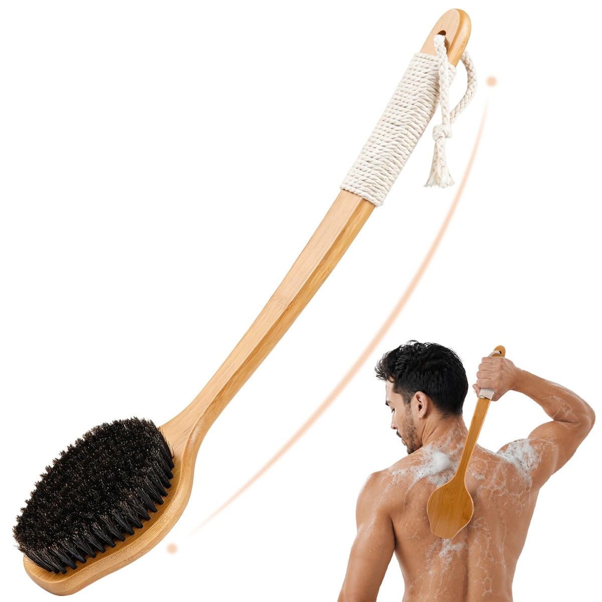 Back Scrubber for Shower，17in Bamboo with Curved Long Handle - Stiff Natural Boar Bristles for Men and Women, Deep Cleansing and Exfoliating, Anti-Slip Grip for Wet or Dry Brushing