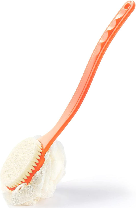 Shower Body Brush Bristles & Mesh Loofah Sponge,Curved Handle Back Scrubber