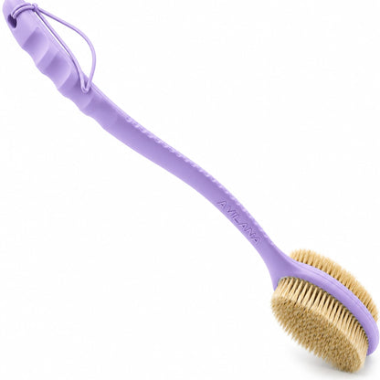 Avilana Long Handle Body Brush for Shower, 19 Inch Curved Back Scrubber with Soft & Stiff Bristles, Exfoliating Body Brush for Back, Legs & Feet, Non-Slip Silicone Handle, Replaceable Head System