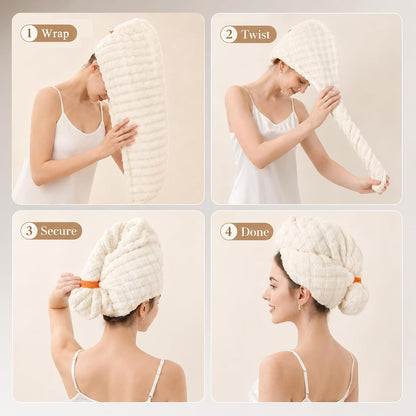 Microfiber Hair Drying Towel 2Pack, Large Size for Women, with Elastic Band