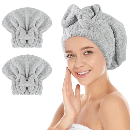 SUNLAND Large Microfiber Hair Drying Caps with Bow Knot 2 Pack Brown