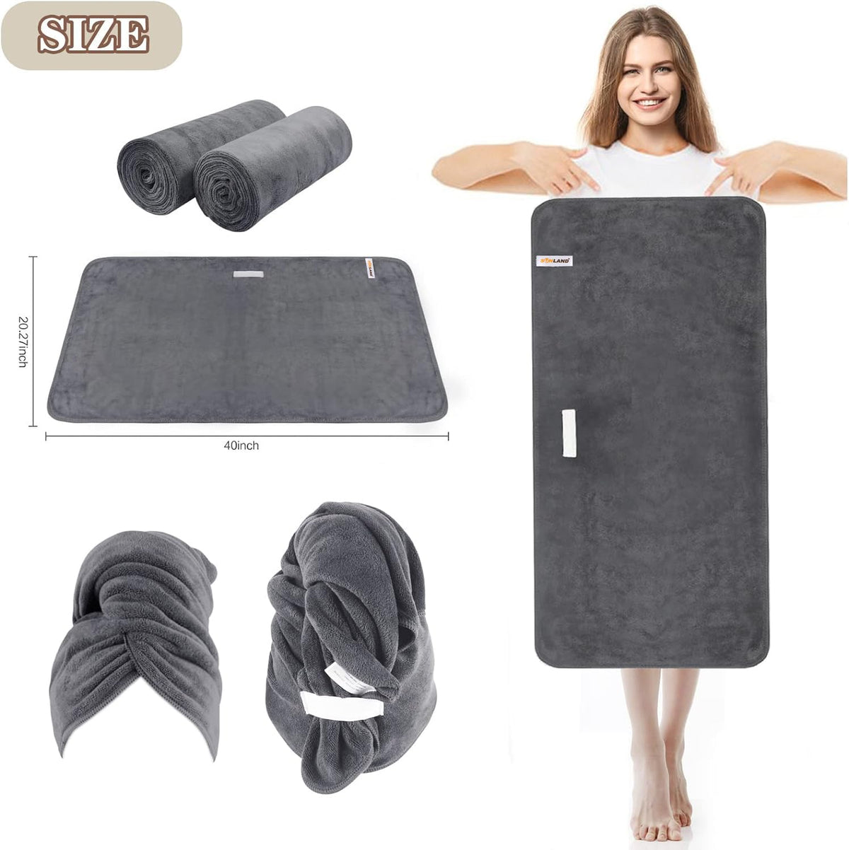 SUNLAND Microfiber Hair Towel 40 X 20 inches 2Pack Grey
