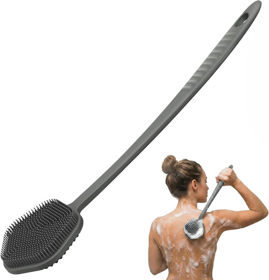 Redfly Silicone Back Scrubber for Shower Brush, 17 inch Long Handled Silicone Body Scrubber for Men & Women, Double Sided Shower Scrubber for Body Brush Exfoliator and Massage, Gray
