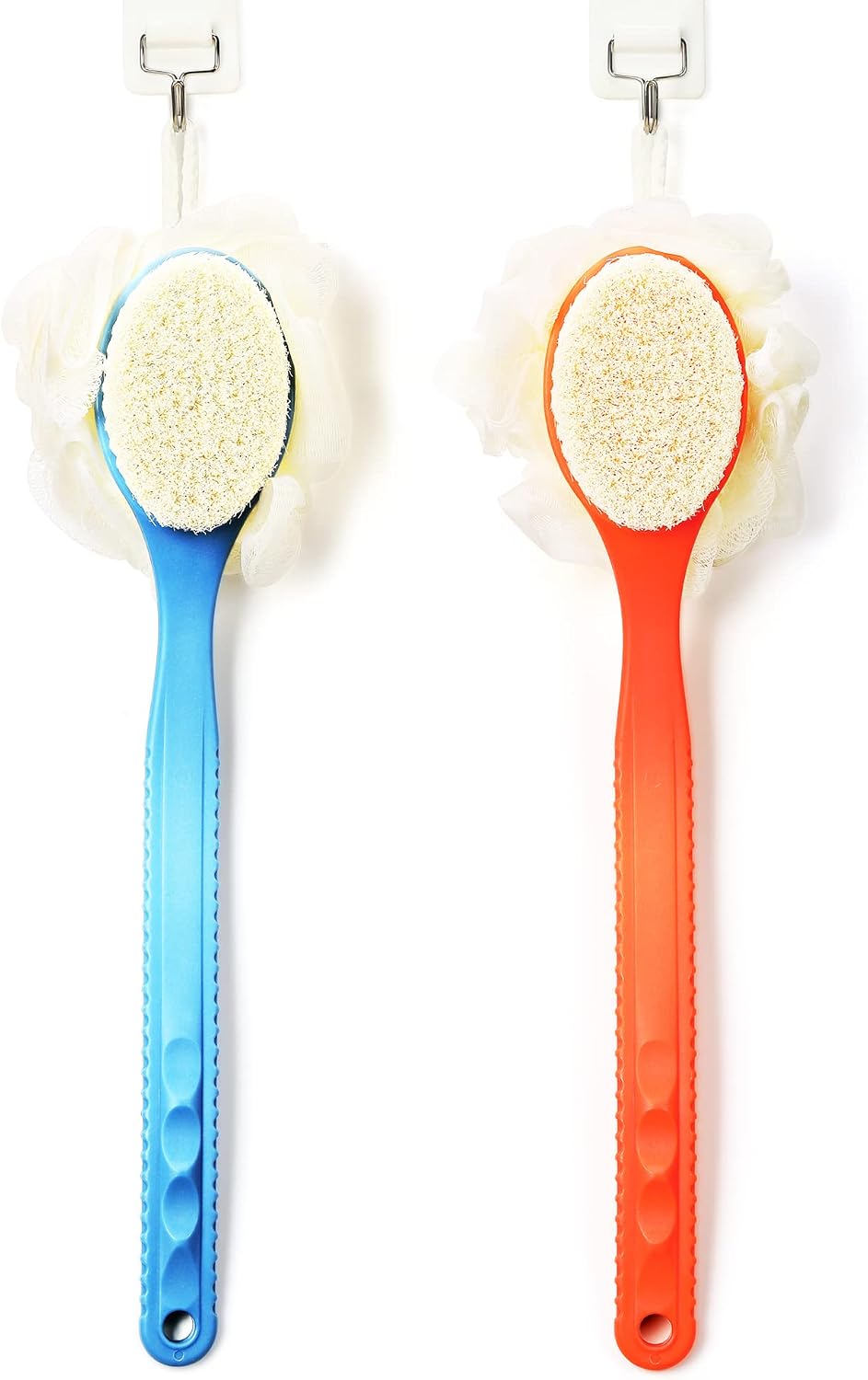 Shower Body Brush Bristles & Mesh Loofah Sponge,Curved Handle Back Scrubber