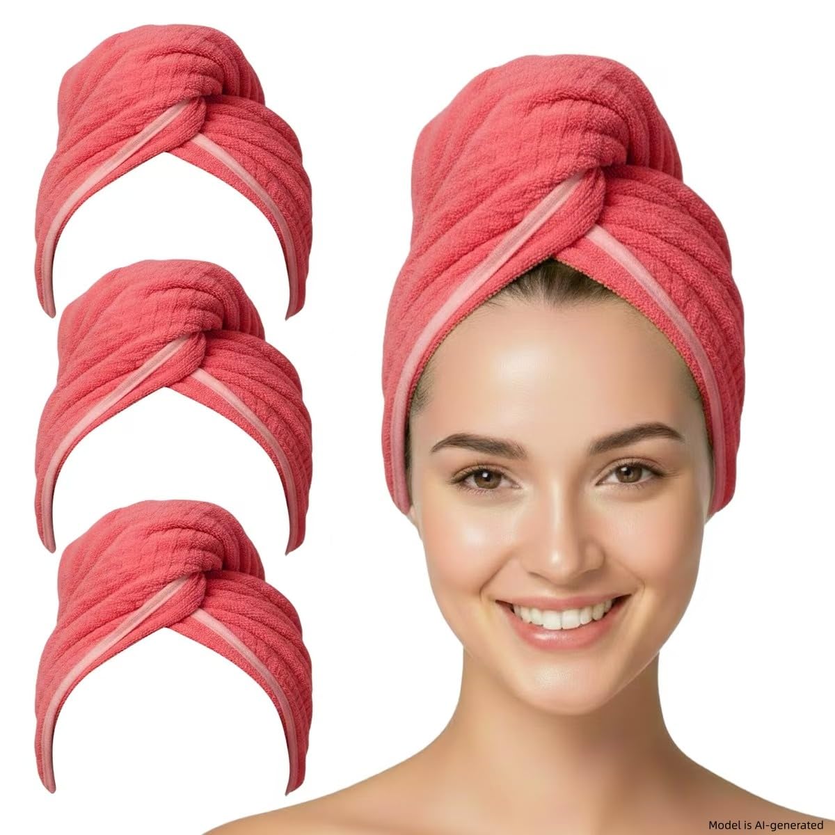 3 Pack Microfiber Hair Towel Wrap for Women, Fast Drying Hair Turban with Button, Anti-Frizz Large Hair Towel for All Hair Styles, Soft & Absorbent Hair Drying Towel