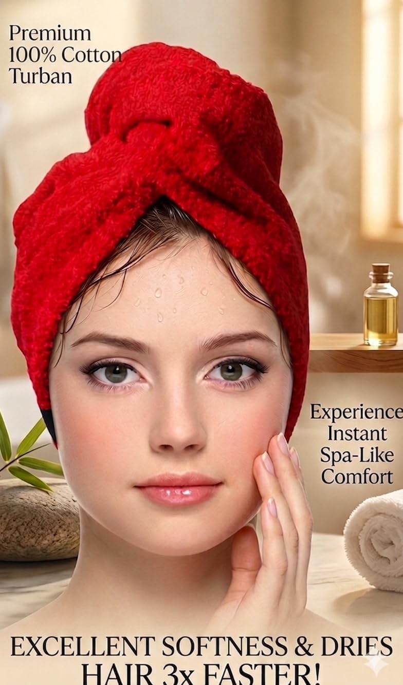 KEEPOZ Hair Towel Wrap Quick Dry 100% Cotton Super Absorbent Turban Head Wrap for Women with Button, Non Microfiber Anti Frizz Hair Products, Hair Cap for Curly, Long & Thick Hair (Red, 1 Pc)