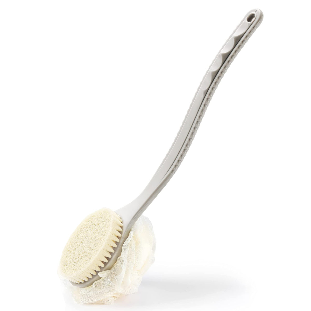 Shower Body Brush Bristles & Mesh Loofah Sponge,Curved Handle Back Scrubber