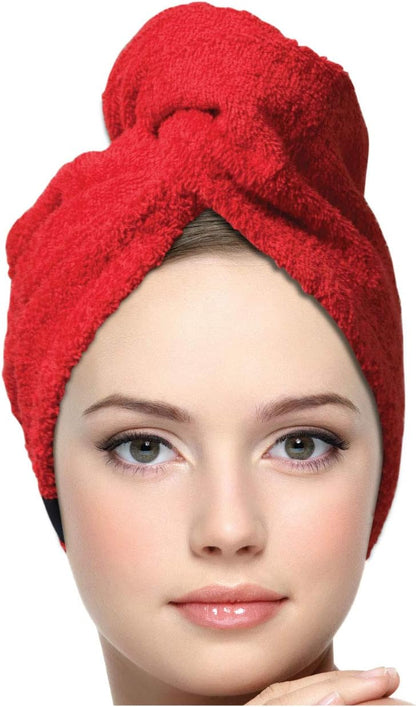 KEEPOZ Hair Towel Wrap Quick Dry 100% Cotton Super Absorbent Turban Head Wrap for Women with Button, Non Microfiber Anti Frizz Hair Products, Hair Cap for Curly, Long & Thick Hair (Red, 1 Pc)