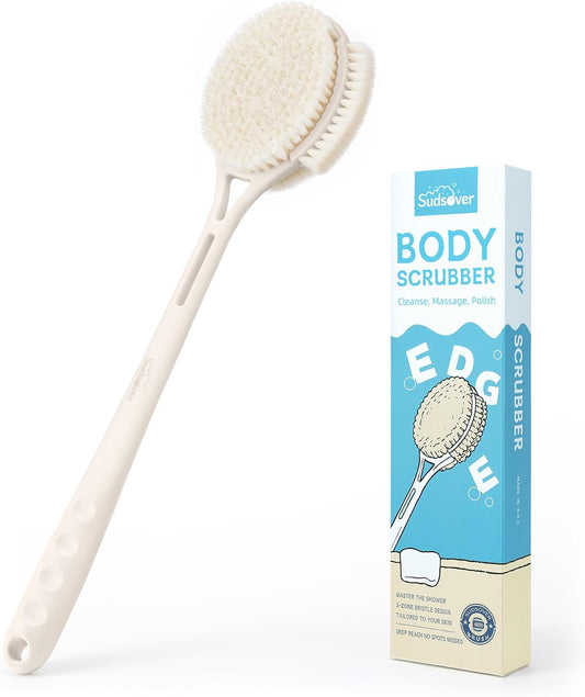 3-Sided Back Scrubber for Shower, Long Handle Body Brush (Khaki)
