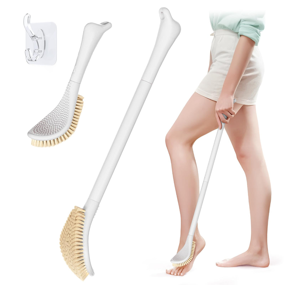 New Foot Brush with Adjustable Long Handle, 3-in-1 Foot Scrubber for Wet or Dry Brushing, 10.2’’- 27.5’’ Foot Scrub Brush for Senior, Pregnant, Disabled, or Injured, Gift-Box Packed(White)