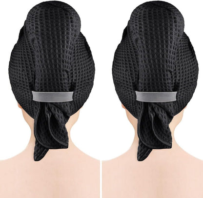 GLIMGLINT 2 Pack Black Microfiber Hair Towel Wrap for Long, Thick, Curly Hair, Super Soft, Fast Drying Waffle Hair Towel Wrap with Elastic Strap 40"X26.5"