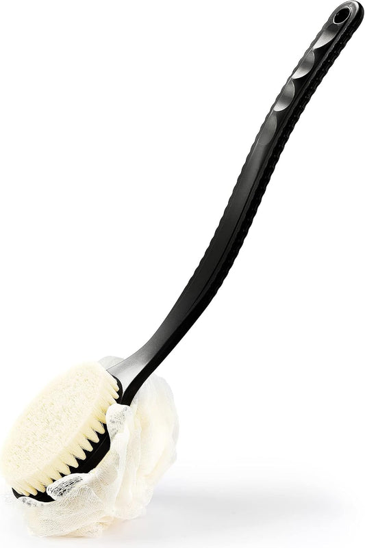 Shower Body Brush Bristles & Mesh Loofah Sponge,Curved Handle Back Scrubber