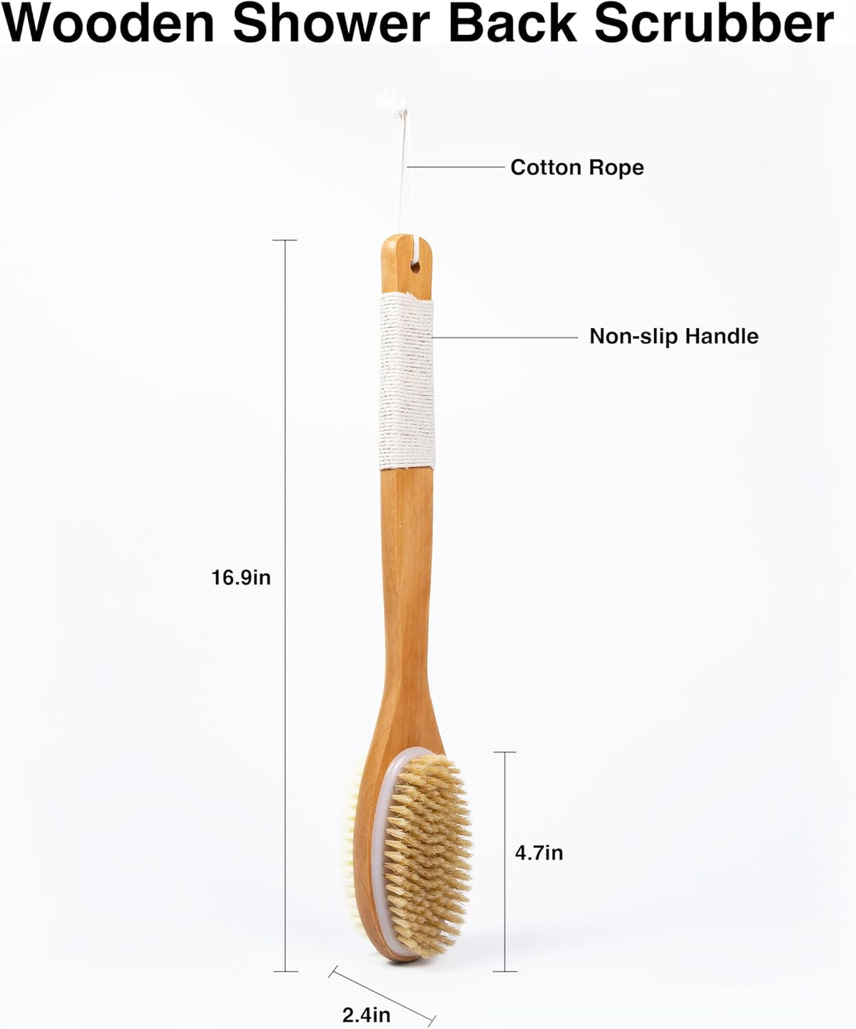MtBoi Dual-Sided Back Scrubber - Long Bamboo Handle Shower Brush with Anti-Slip Grip, Stiff Natural Boar Bristles for Deep Exfoliation & Soft Nylon Bristles for Gentle Care, Wet/Dry Brushing