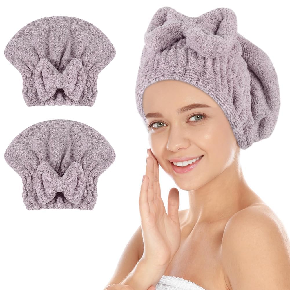 SUNLAND Large Microfiber Hair Drying Caps with Bow Knot 2 Pack Lightpurple