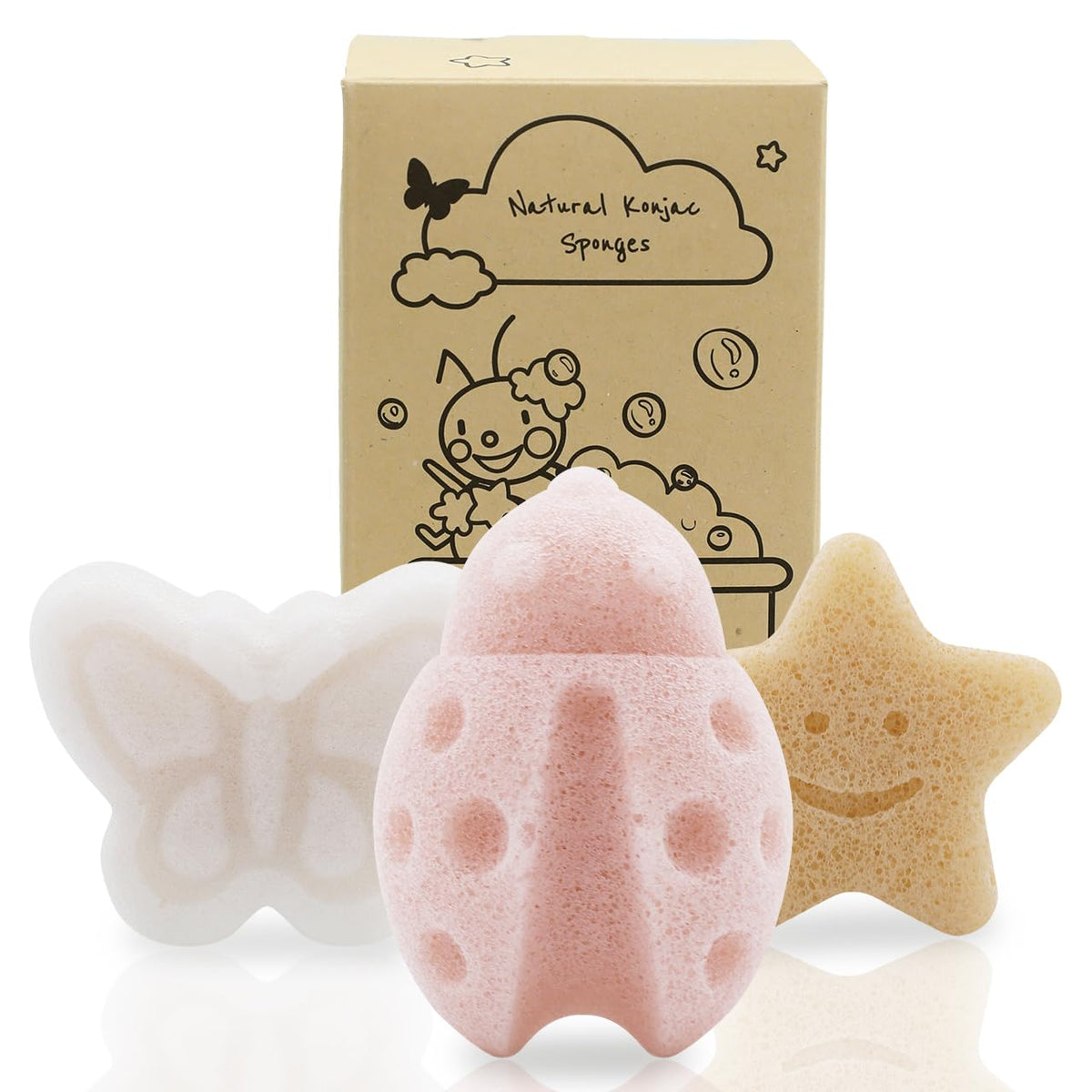 myHomeBody Konjac Sponge, Bath loofah, 3pc, Butterfly, Ladybug, Star