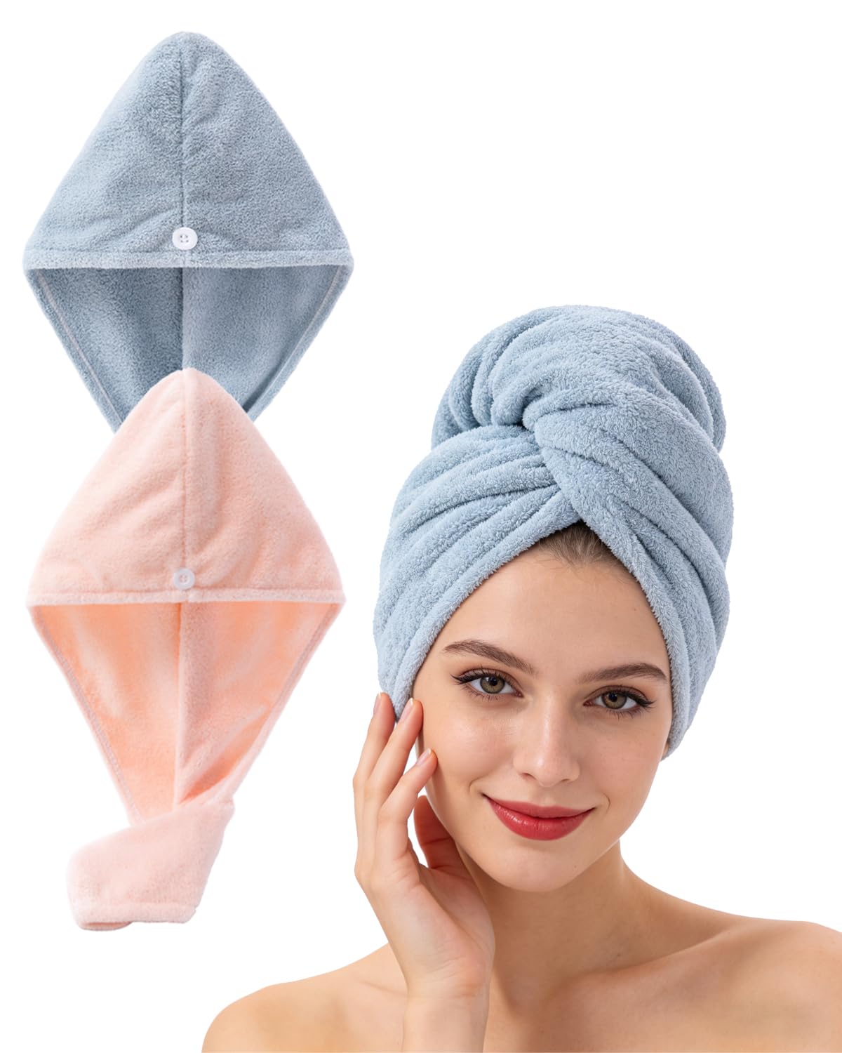 Lumimi Bath Pre Dry Hair Towel with Button, Red Grey, 2 Pack