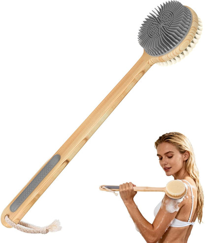 Back Scrubber for Shower，17in Bamboo with Curved Long Handle - Stiff Natural Boar Bristles for Men and Women, Deep Cleansing and Exfoliating, Anti-Slip Grip for Wet or Dry Brushing