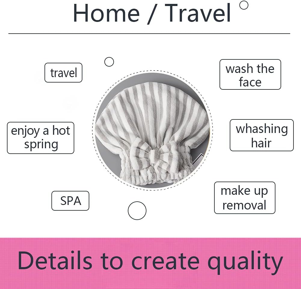 Microfiber Hair Towel Cap,Soft Absorbent Quick Drying Cap for Curly Thick Hair, Wrap Cap with Hair Brush for Women Girls (Pink&Gray White, 2)