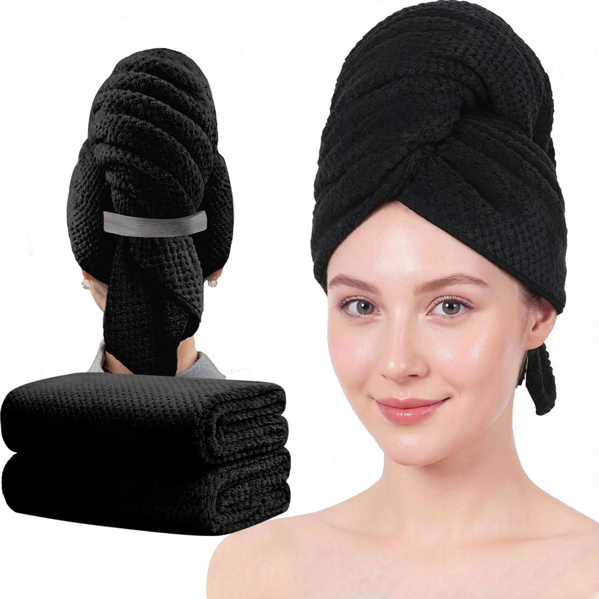 Microfiber Hair Towels, Waffle Hair Towel Set, Super Soft Highly Absorbent, Sturdy Quick Drying Turbans for Long, Thick, Curly Hair (2 Pack, 40" x 20")
