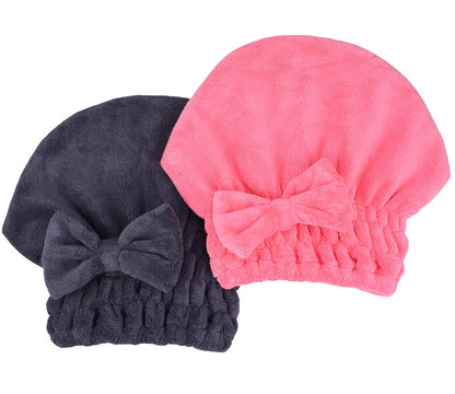 Microfiber Hair Drying Towels Head wrap with Bow-Knot Shower Cap Hair Turban hairWrap Bath Cap for Curly Long & Wet Hair Gift for Women Blackx2