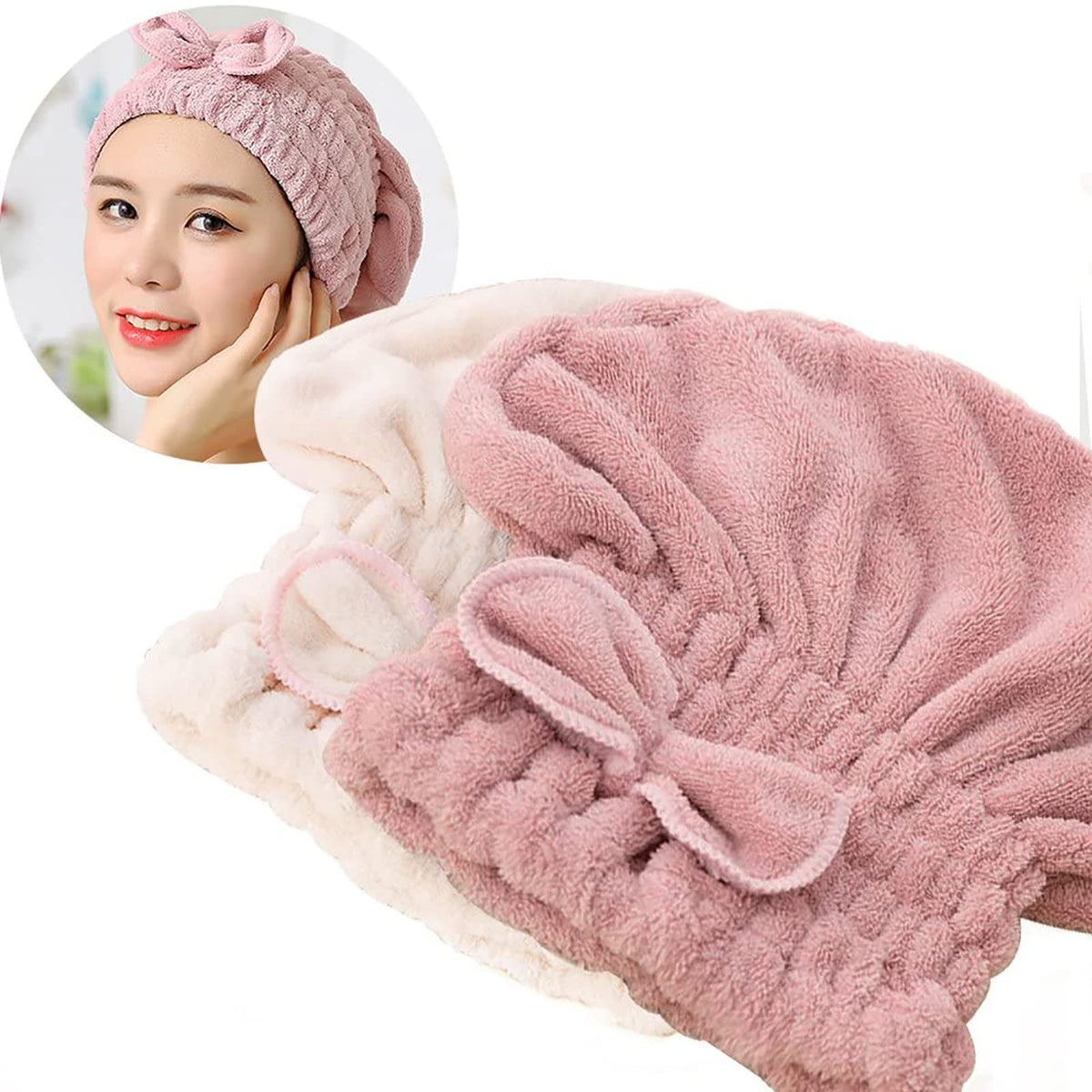 Jseng 2PC Microfiber Hair Drying Caps, Extreme Soft & Ultra Absorbent, Fast Drying Hair Turban Wrap Towels Shower Cap for Women