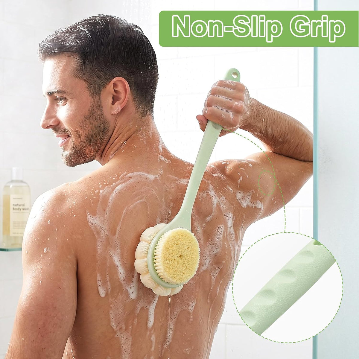 Back Scrubber for Shower with Long Handle, Double-Sided Shower Brush for Body, Loofah Back Scrubber & Bristle Bath Brush, Back Brush for Shower Exfoliating Hard-to-Reach Areas, Bath Brush Long Handle