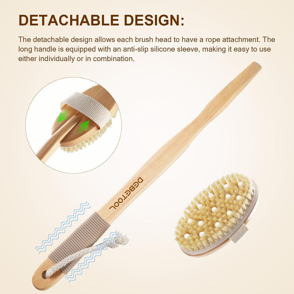 DEBETOOL Dry Brush Set with 3 Detachable Heads, Natural Boar Bristle