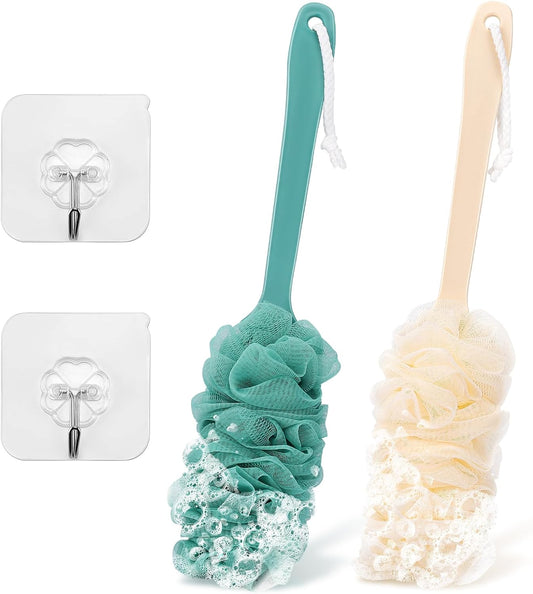 2Pack Back Scrubber for Shower Loofah with Long Handle, Shower Brush for Body, 17″ Loofah on a Stick for Men Women Bathing Accessories, Scrubber Sponge for Exfoliating Bath Brushes (Beige & Green)