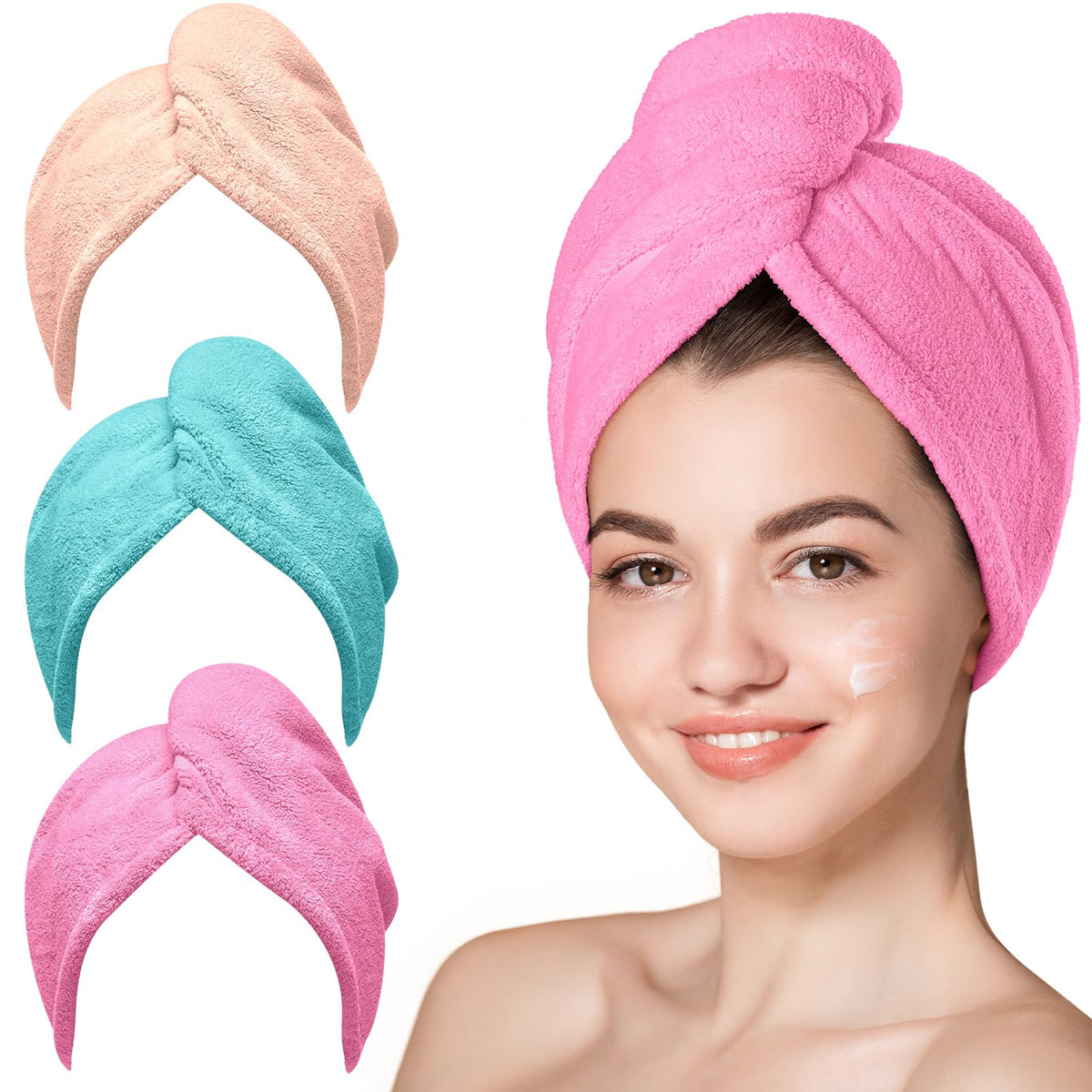 Hicober Microfiber Hair Towel Wrap for Women, Blue Grey Pink, 3-Pack