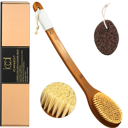 ICANdOIT-17.71Inch Natural Boar Bristles Anti-Slip Long Handle Bath Brush,Bent Handle Shower Scrubber for Exfoliating,Shower Back Brush,Exfoliation Set with Pumice Stone (1 Pack)