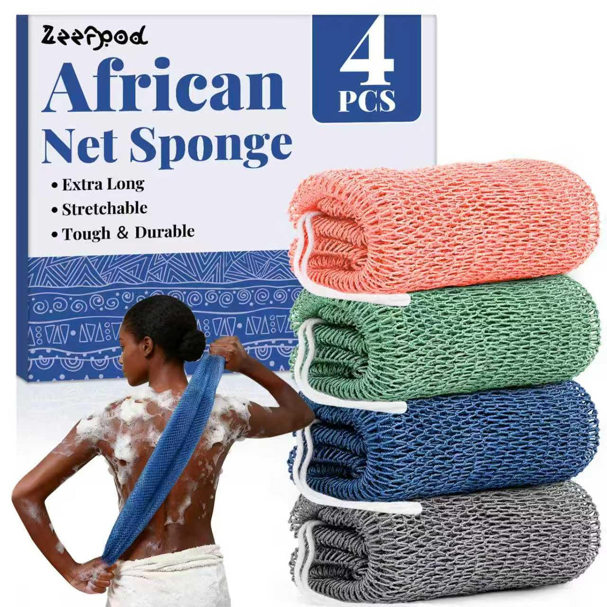 African Net Sponge Authentic-4 Packs African Exfoliating Net Sponge,Bath Sponges for Shower,42 inch Long for Normal to Sensitive Skin, for Daily use, Body Exfoliator Shower(Linen&Brown&Black&Grey)