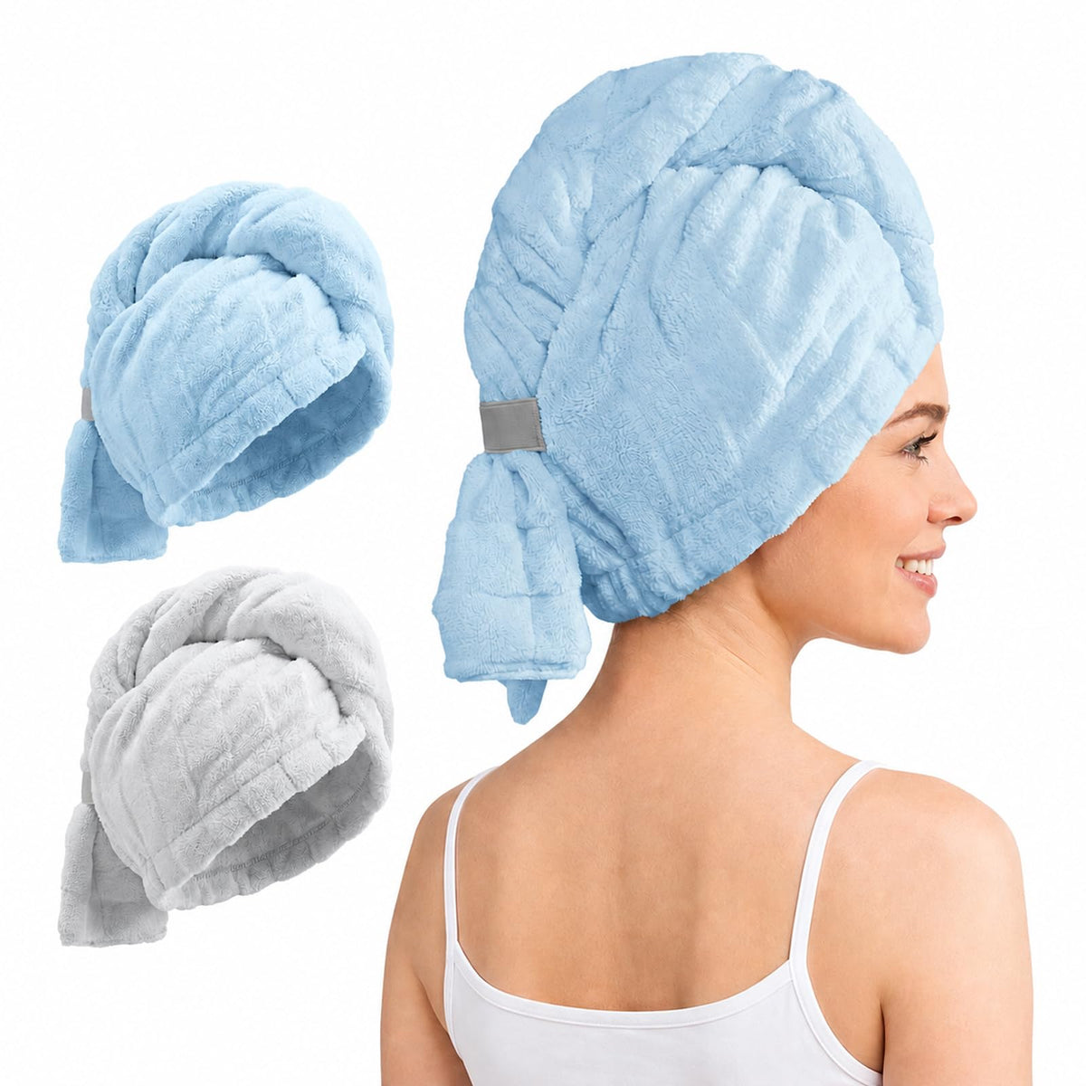 REDKISS 3 Pack Microfiber Hair Towel Wrap for Women, Super Absorbent Quick Dry Hair Turban for Thick Long Curly Hair, Large Stay-Put Anti-Frizz Hair Drying Towels, Pink Blue Gray
