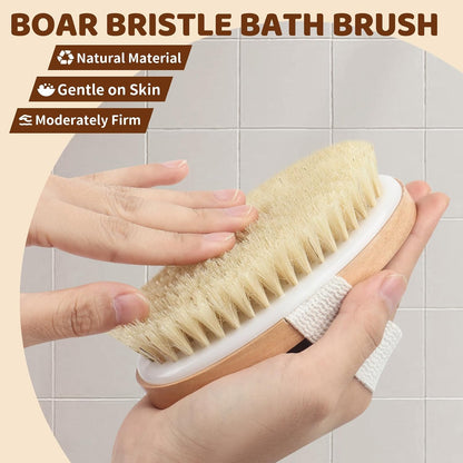 SAMEBUTECO 4 Pack Dry Body Brushing Brushes, Natural Bristle Exfoliating Scrub Brushes with Massage Nodes for Lymphatic Drainage, Skin Firming, Acne Treatment, and Cellulite Reduction
