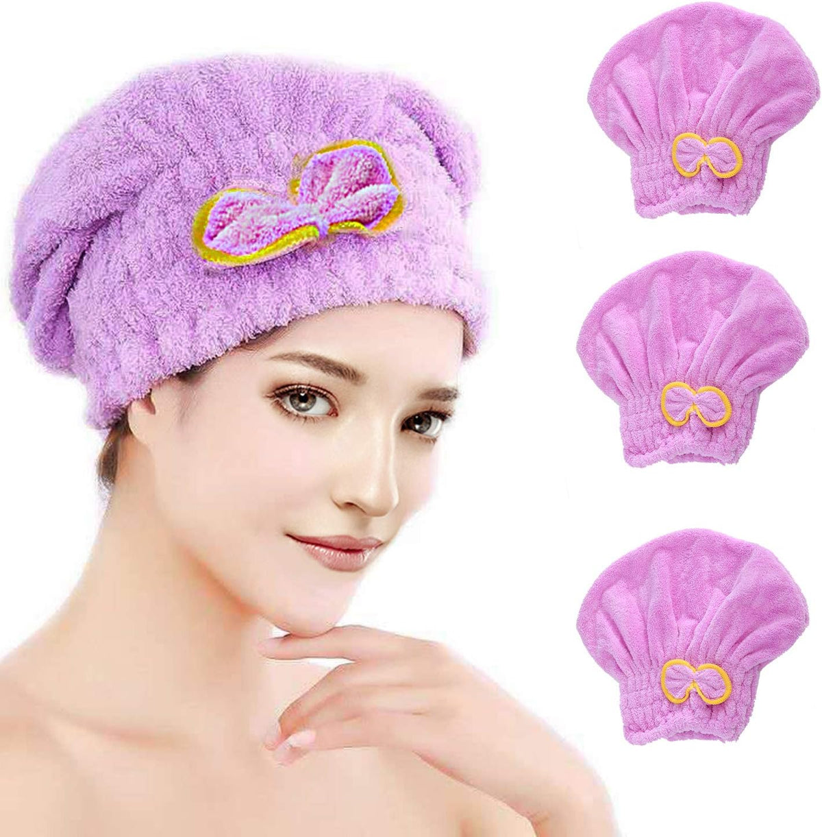 Hair Drying Towel 3 Packs, Quick Dry Microfiber Hair Towel, Super Absorbent Hair Towel Wrap for Wet Hair, Bath Accessories for Women with Long & Thick Hair (Purple)