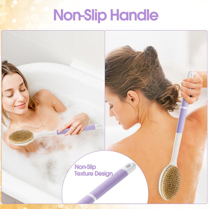 Backski Back Scrubber Anti Slip for Shower, Long Handle Bath Brush with Stiff and Soft Bristles for Exfoliation, Dual-Use Shower and Dry Body Brush(Purple)