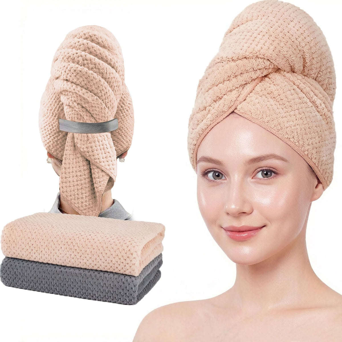 Microfiber Hair Towels, Waffle Hair Towel Set, Super Soft Highly Absorbent, Sturdy Quick Drying Turbans for Long, Thick, Curly Hair (2 Pack, 40" x 20")