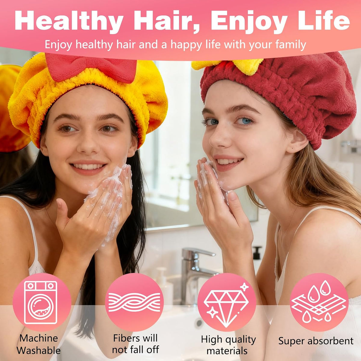 2 Pack Ultra Absorbent Hair Quick Drying Towel for Women, New Microfiber Hair Towel Wrap Dry Turban, Soft Bow Tie Plopping Head Towels Shower Cap for All Hair Style (Yellow and Rad)