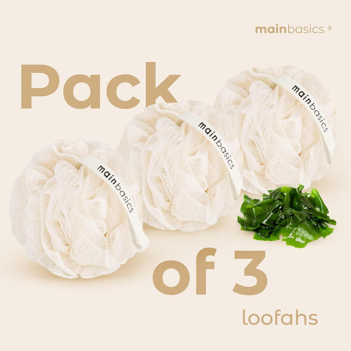 MainBasics Shower Loofah Sponge Pouf, Set of 3, Seaweed Infused