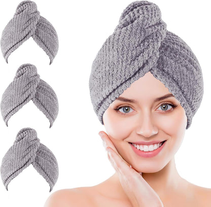 Microfiber Hair Towel Wrap, 3 Pack (Gray) Soft Hair Drying Towel