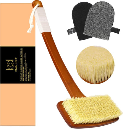 ICANdOIT Stiff Sisal Back Scrubber Shower Brush Set with Face Exfoliator