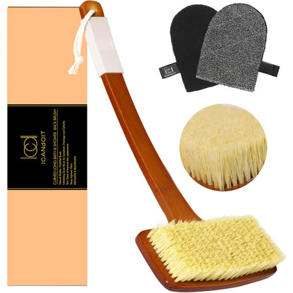 ICANdOIT Stiff Sisal Back Scrubber Shower Brush Set with Face Exfoliator